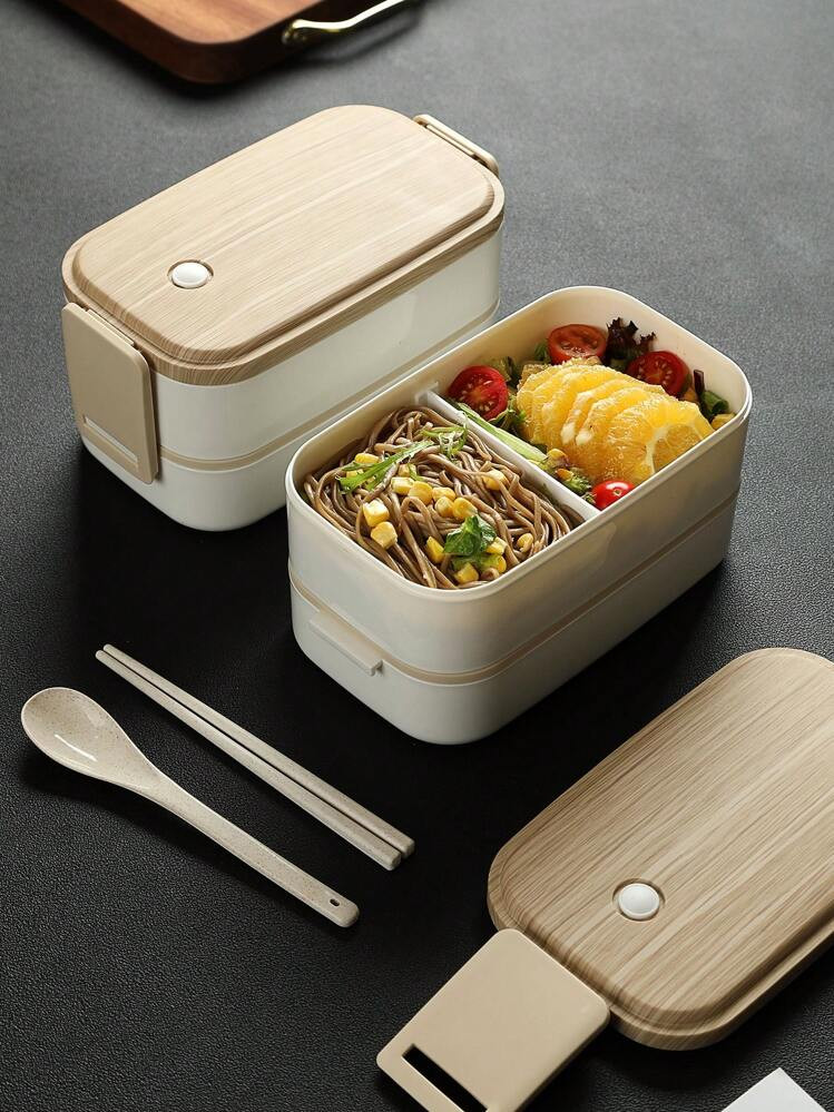 HANATA 1pc Portable Stainless Steel & Plastic Wooden-Print Double-Layer Lunch Box With Cutlery, 2... | SHEIN