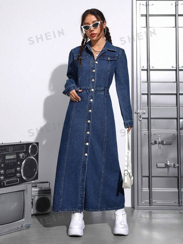 SHEIN PETITE Women's Long Sleeve Denim Shirt Dress | SHEIN