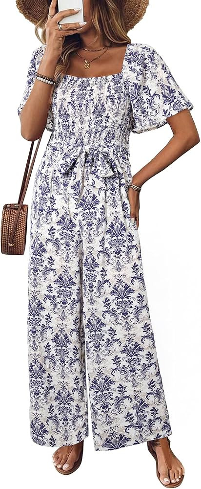 Happy Sailed Womens Summer Jumpsuits Floral Printed Short Sleeve High Waisted Pockets Wide Leg Ro... | Amazon (US)