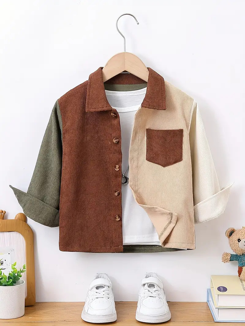 Stylish Boys' Corduroy Shirt - Colorblock Long Sleeve Button-Up Top with Casual Outwear Design fo... | Temu Affiliate Program