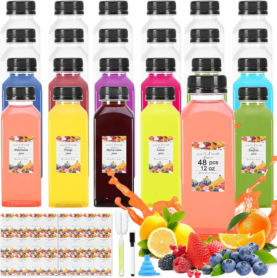 48pcs 12oz Empty Plastic Juice Bottles- Clear Homemade Juicing Drinks Containers with Black Tampe... | Amazon (US)