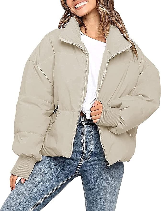 MEROKEETY Women's Winter Long Sleeve Zip Puffer Jacket Pockets Baggy Short Down Coats,Coffee,L | Amazon (US)
