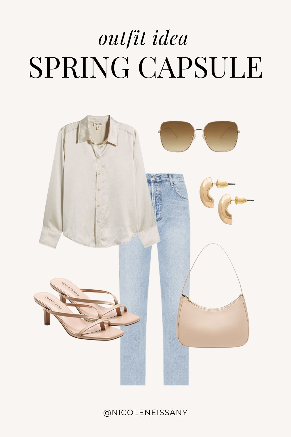 Casual spring outfit idea featuring my 2025 Spring Capsule Wardrobe staples | casual spring outfit, spring brunch outfit, spring date night outfit, spring date outfit, elevated casual spring outfit, spring work outfit, spring office outfit, spring outfits, spring shoes, 2025 spring trends, 2025 spring fashion trends, neutral capsule wardrobe, minimalist capsule wardrobe | satin blouse, button up shirt, button down shirt, light wash jeans, light wash denim, spring jeans, spring denim, gold teardrop earrings, nude strappy heels, kitten heels, spring shoes, nude purse, spring purse, spring bag 

 #LTKSpring 

#LTKFindsUnder100 #LTKTravel #LTKSaleAlert #LTKSeasonal #LTKPetite #LTKStyleTip #LTKShoeCrush #LTKWorkwear #LTKFindsUnder50