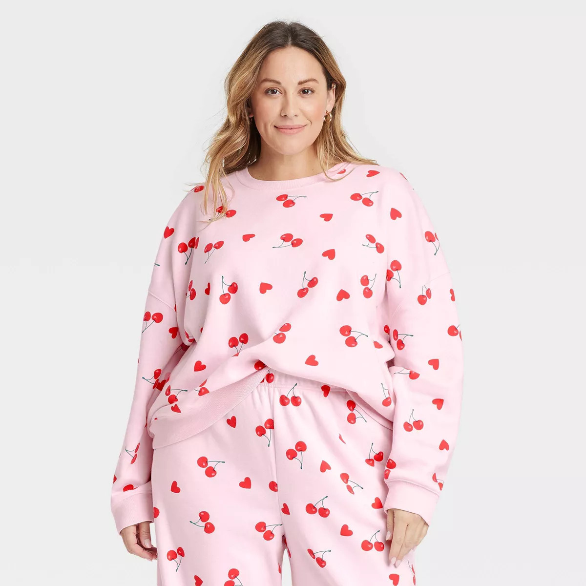 Women's Cherry Hearts Printed Graphic Sweatshirt - Pink | Target