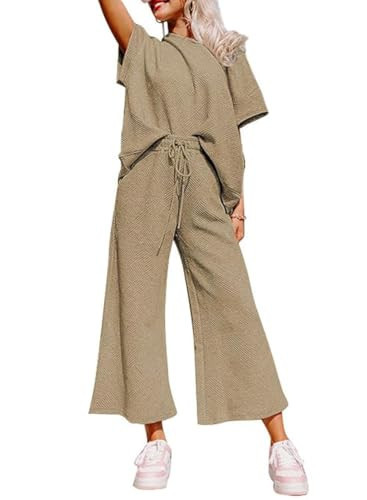 SHEWIN Two 2 Piece Outfits Sweat Suit Lounge Sets for Women Casual Long Sleeve Crewneck Pullover Tops Matching Loungewear Pants Loose Pajama Tracksuit Fall Outfit Khaki XL | Amazon (US)