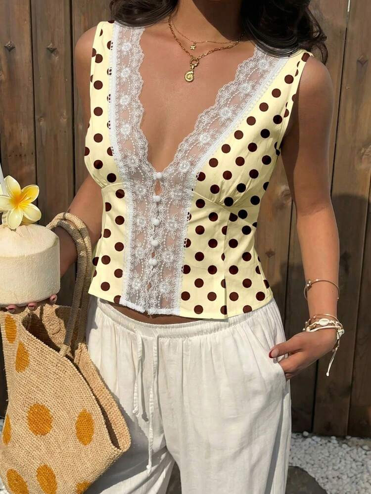 Aloruh Vintage Style Yellow Base Brown Polka Dot Retro Print Lace Patchwork Decorative Blouse, Su... | SHEIN