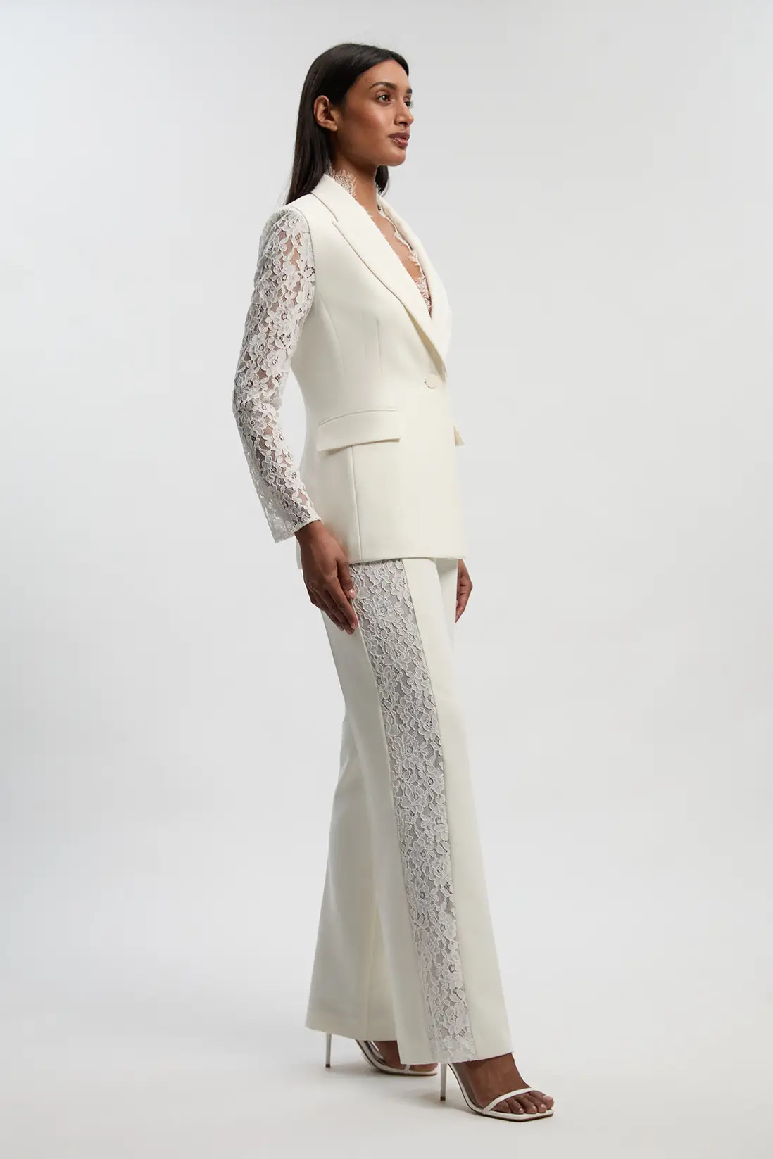 Ivory Compact Stretch Lace Mix Tailored Wide Leg Trouser | Karen Millen | Karen Millen UK + IE + DE + NL