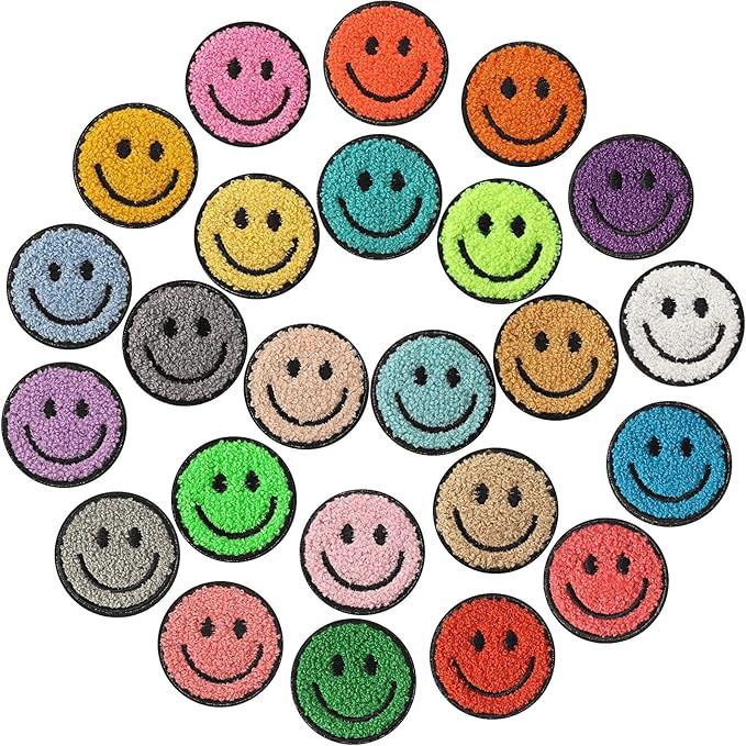 24 Pcs Smile Face Patch Iron on Patches 2 Inch Chenille Cute Preppy Happy Face Patches Glitter He... | Amazon (US)