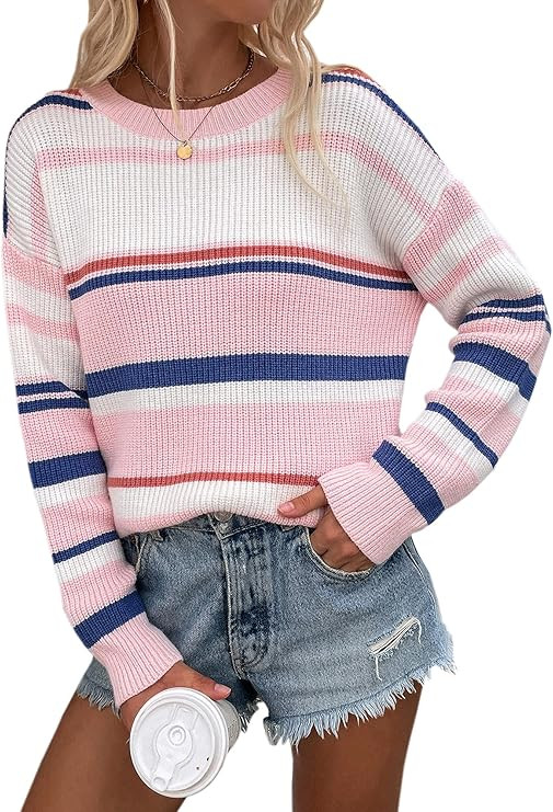 ECOWISH Women's Sweater Rainbow Colorful Striped Sweaters Long Sleeve Crew Neck Color Block Casua... | Amazon (US)