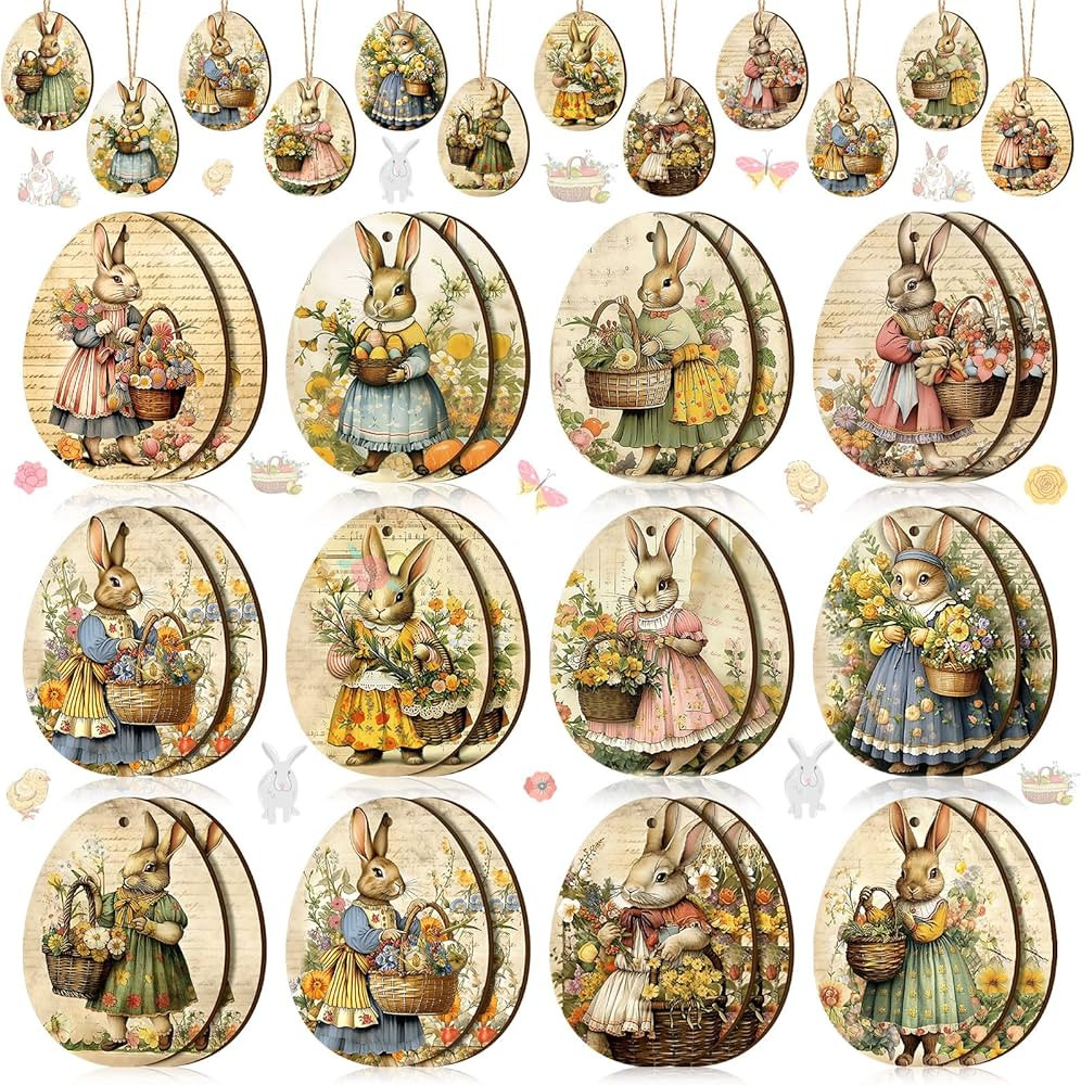 36 Pcs Vantage Easter Wooden Ornaments Retro Easter Decorations for Tree Bunny Ornaments Egg Shap... | Amazon (US)