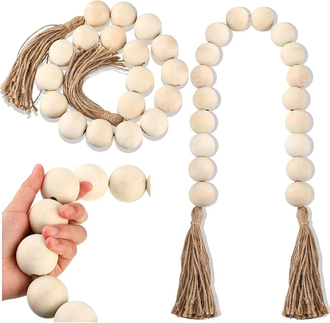 2 Pcs Large Wood Bead Garland with 1.57" Diameter Wood Beads and Tassel, Decorative Beads Boho Ho... | Amazon (US)