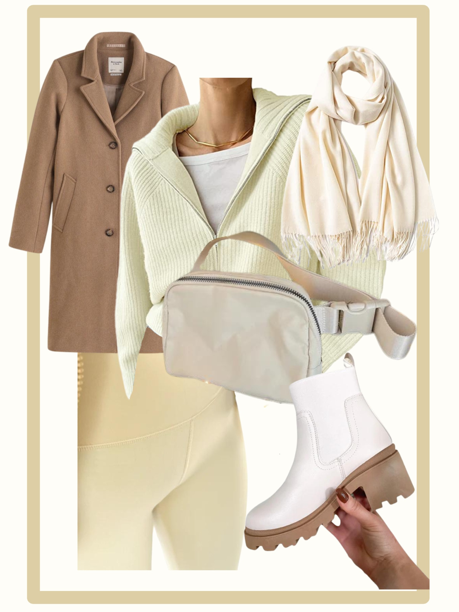 Full outfit details below:

Exact dad coat linked. 

Top linked on Amazon. 
https://amzn.to/3BYn8rE

Paired with an oversized scarf, as well as Mestre leggings, Waterproof Ivory belt bag, and Avellino booties all from SartorialCollection.com