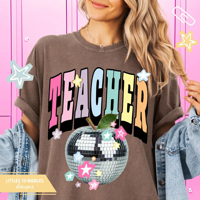 Pastel Teacher, Disco Apple, Back to School, Sparkle, Teachers, Graphic Tee | Etsy (Global)