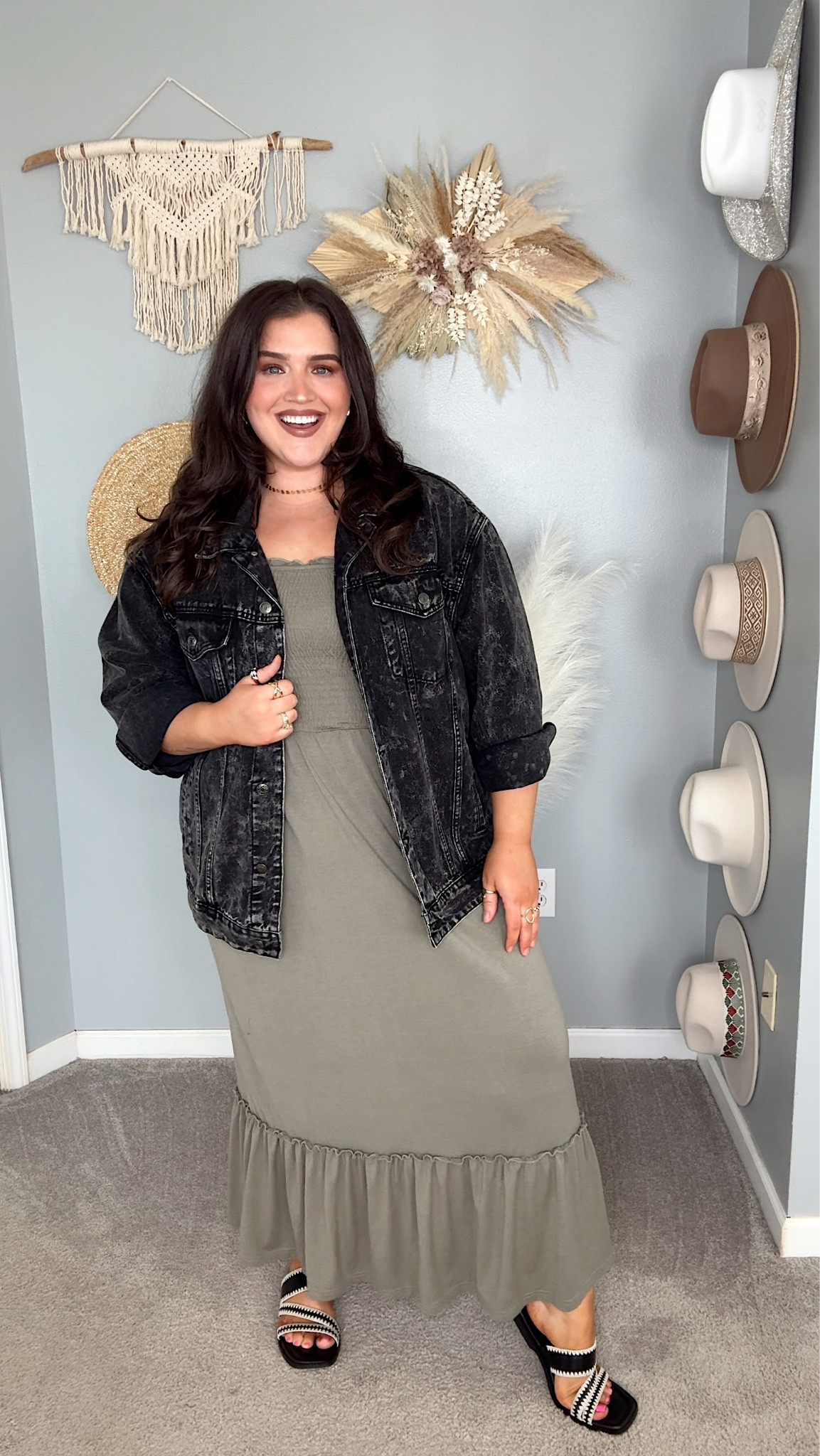Early Spring transition outfit 🌿🖤 Smocked maxi dress, sandals + oversized black denim jacket. Dress size XL, jacket size L. 

#LTKstyletip #LTKSeasonal #LTKplussize