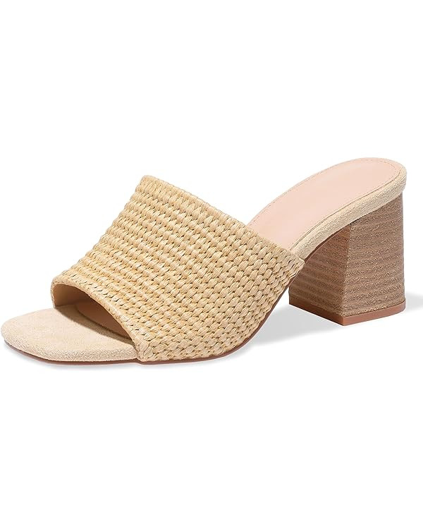 Ancomafio Heeled Sandals for Women，Raffia Sandals 2025 Chunky Heels Square Toe Mules Block Summ... | Amazon (US)