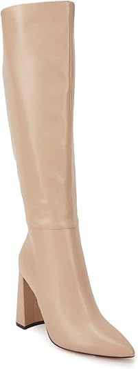 Womens Pointed Toe Knee-high Boot Wide Calf Chunky Block Side Zipper Go-go Boots | Amazon (US)