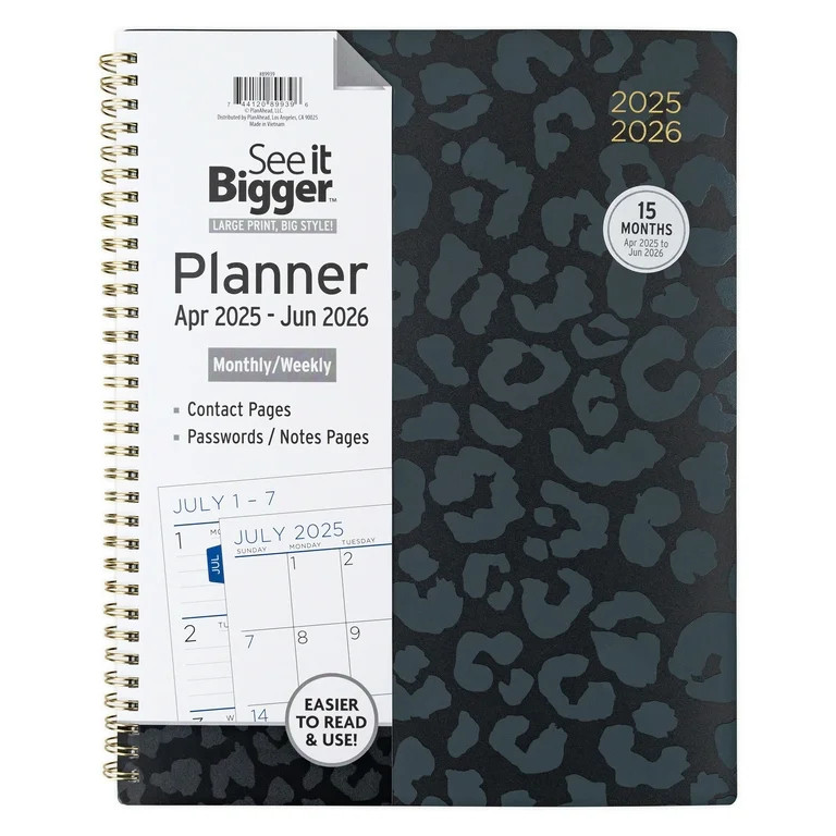 See it Bigger Monthly Weekly Planner Large (9.25″ x 11″) Black Leopard, 15 month, Apr 2025-Ju... | Walmart (US)