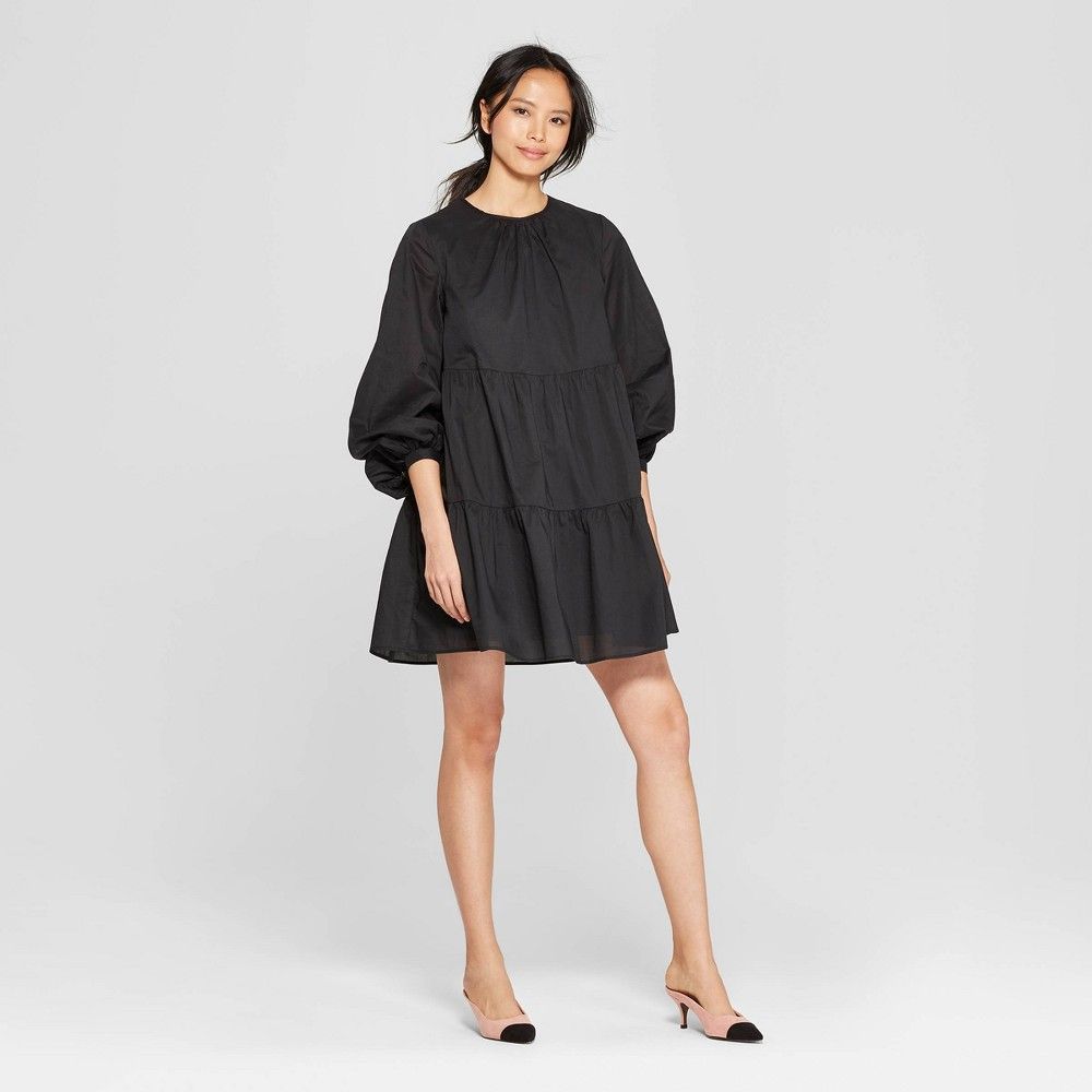 Women's Long Sleeve V-Neck Flowy Tiered Mini Babydoll Dress - Who What Wear Black XS | Target
