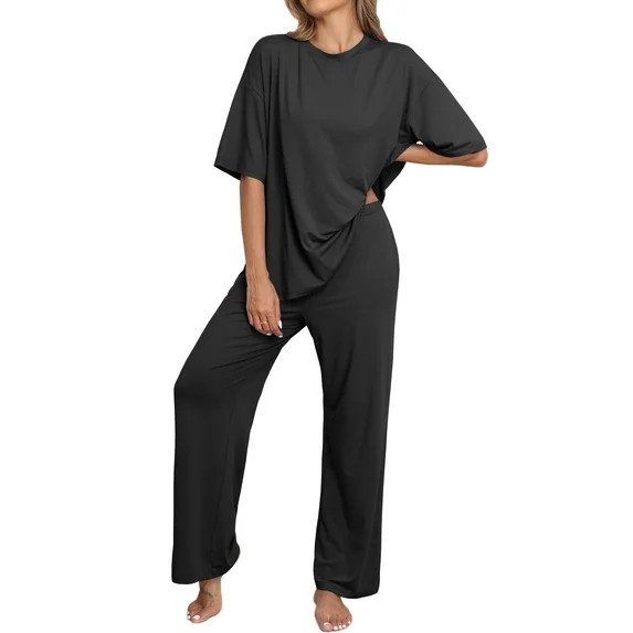 MINTREUS Lounge Sets for Women Knit Short Sleeve Tops and Long Pants Soft Comfy Pajamas Set Overs... | Walmart (US)