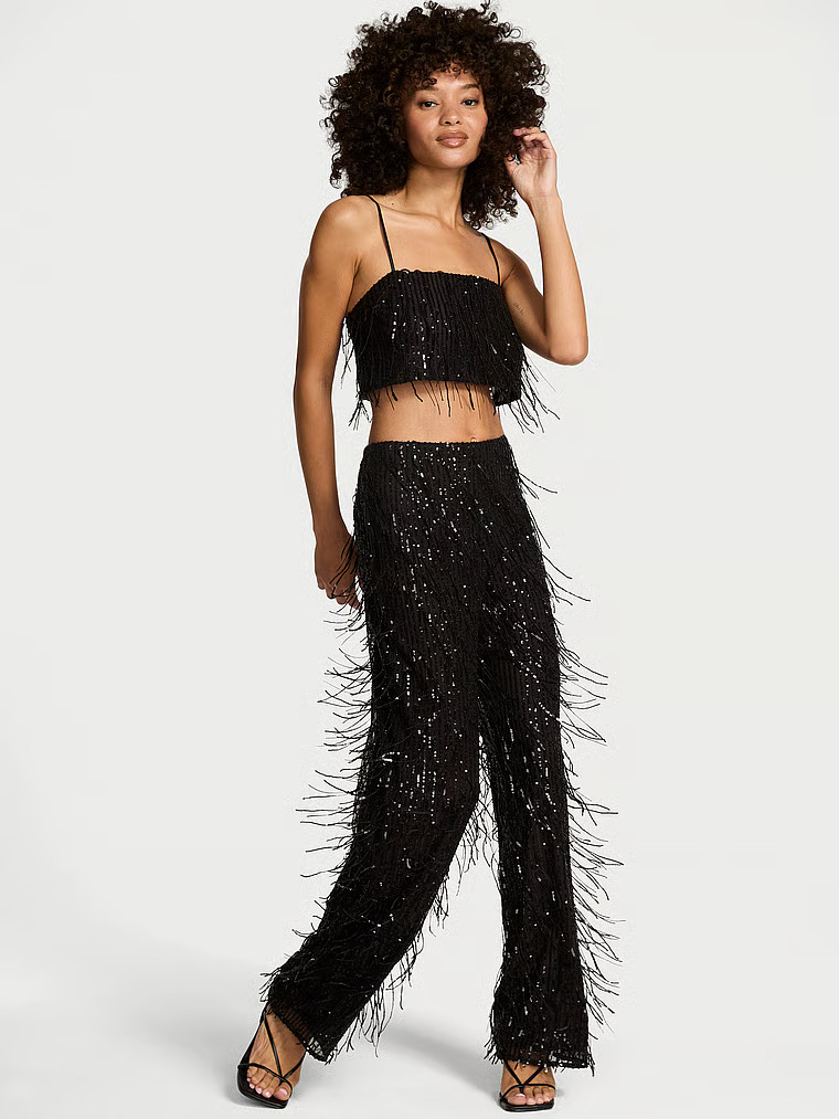Buy Showgirl Sequin Fringe Crop Top & Pants Set, Black - Order Cami Sets online - Victoria's Secr... | Victoria's Secret (US / CA )