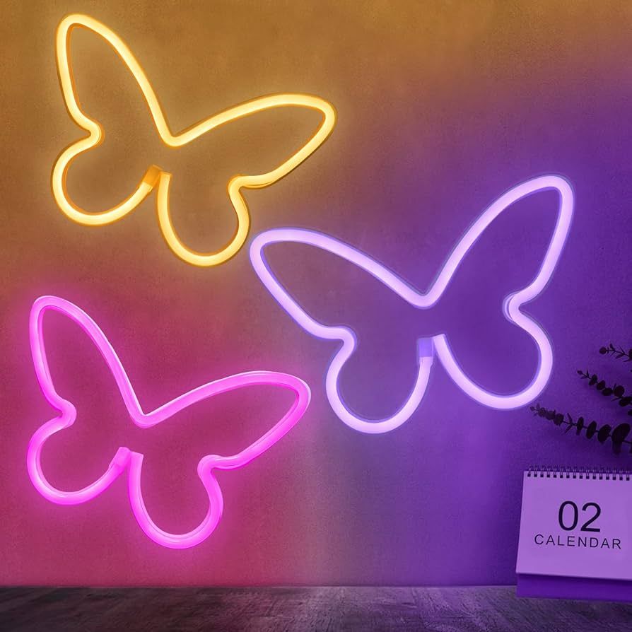 BRIGHTDECK 3 Pcs Butterfly Neon Signs, Neon Light for Bedroom, USB or 3-AA Battery Powered LED Ne... | Amazon (US)