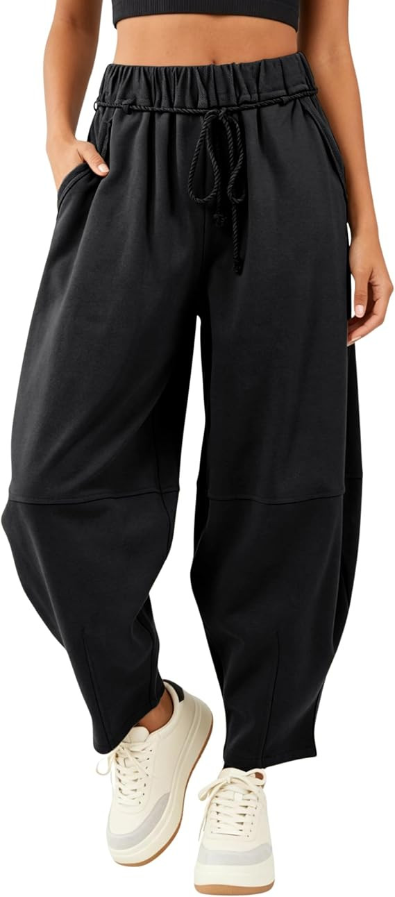 SeekMe Women's Barrel Leg Pants Drawstring Elastic Waist Palazzo Sweatpants Lounge Cotton Boho Tr... | Amazon (US)