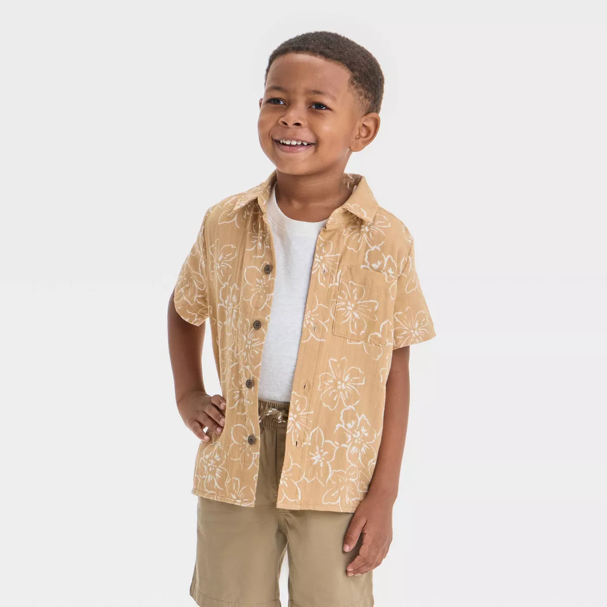 Toddler Boys' Floral Print Gauze Woven Shirt - Cat & Jack™ Tan 2T | Target