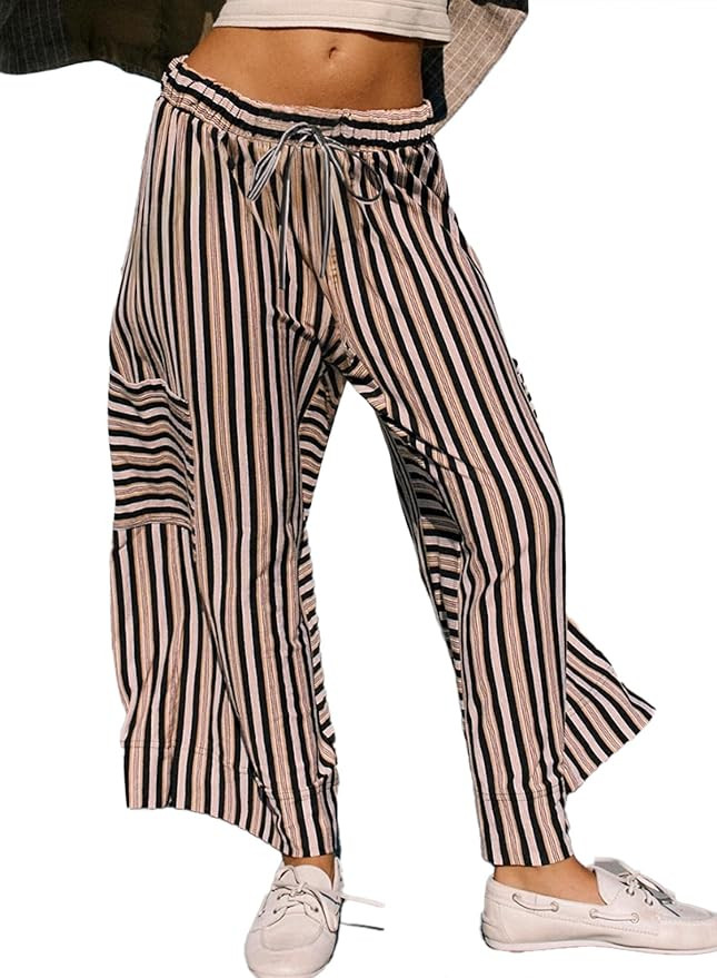 EVALESS Women Palazzo Pants Summer Casual Wide Leg High Waist Lounge Flowy Beach Striped Trousers... | Amazon (US)