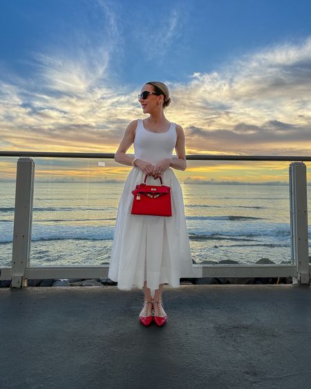 Hello spring fashion 🌸 White midi skirt, white compression bodysuit, red top handle bag and red ballet flats for a spring outfit that will take you from day to night and checks off the elevated basics trend this season. 
#whiteskirt #snidel #springfashion 

#LTKSpringSale #LTKstyletip #LTKSeasonal