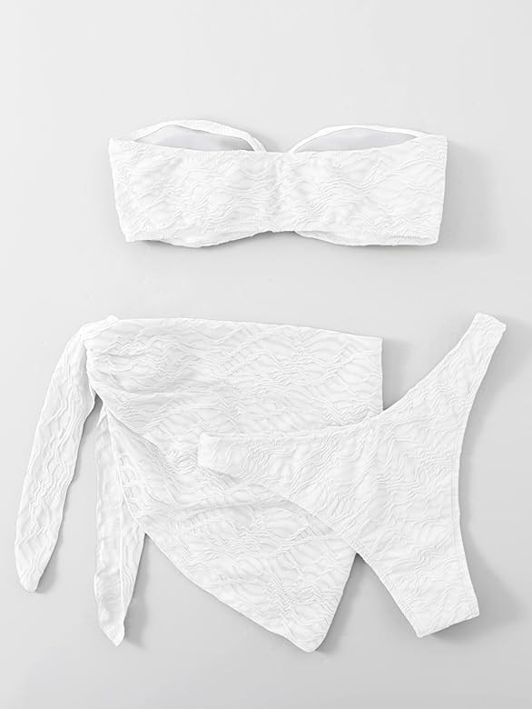 MakeMeChic Women's 3 Piece Swimsuit Ring Linked Bandeau High Cut Bikini with Cover Up Skirt Set | Amazon (US)