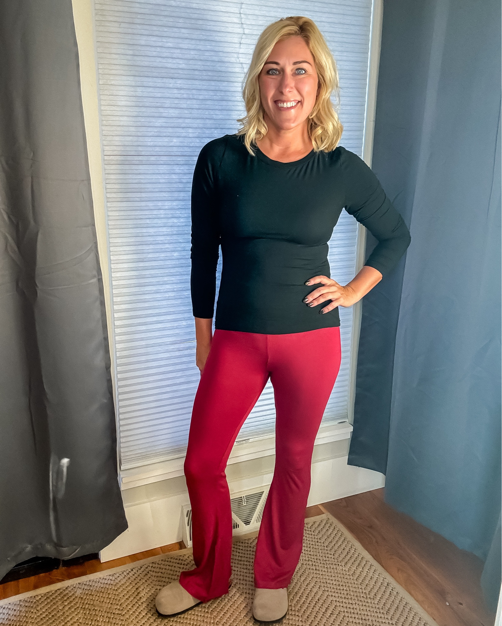 These fold over waist flare yoga pants are the best!! They’re have the ultimate stretch and comfort and I love the red so much! 