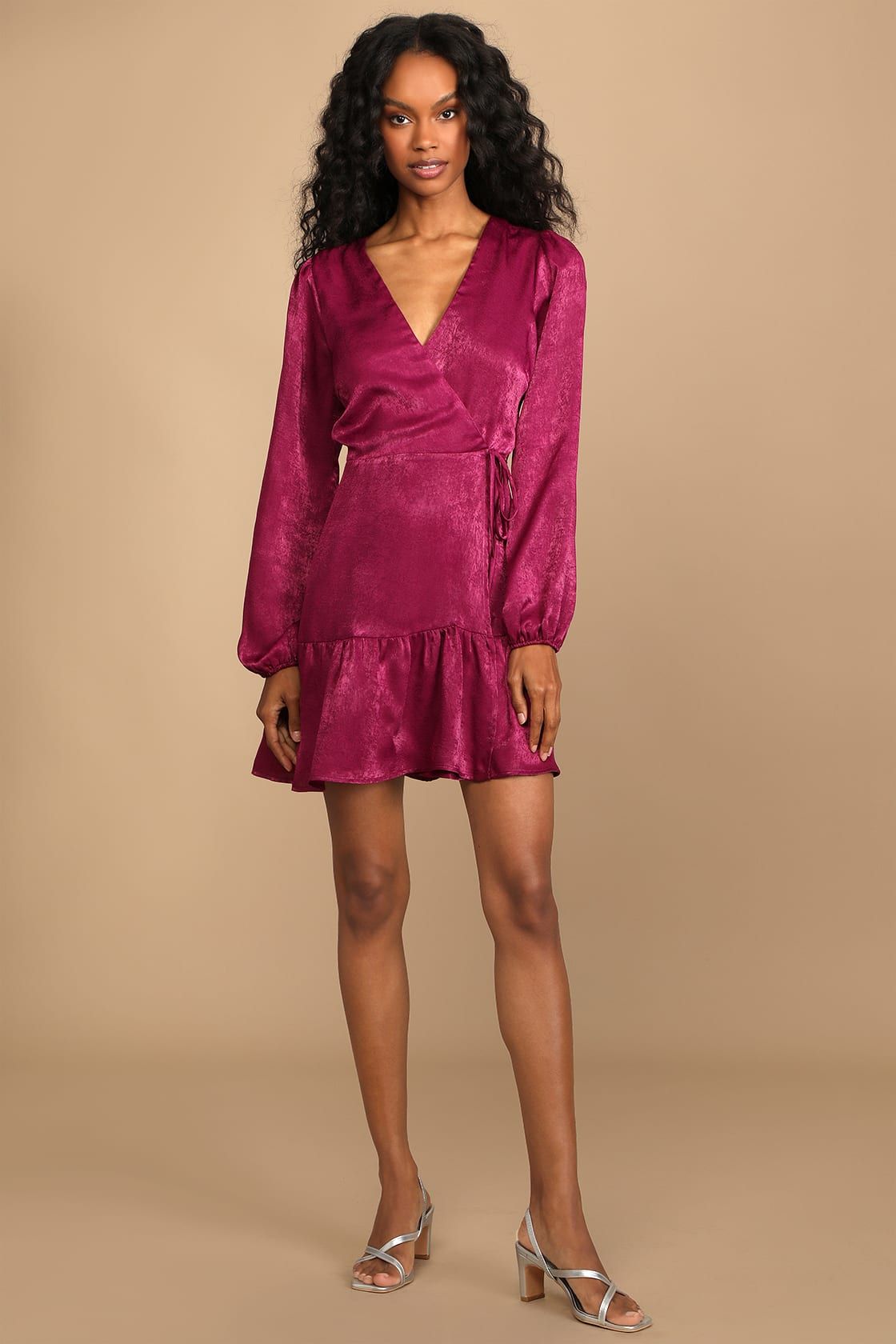 So Splendid Magenta Purple Satin Long Sleeve Wrap Dress | Lulus (US)