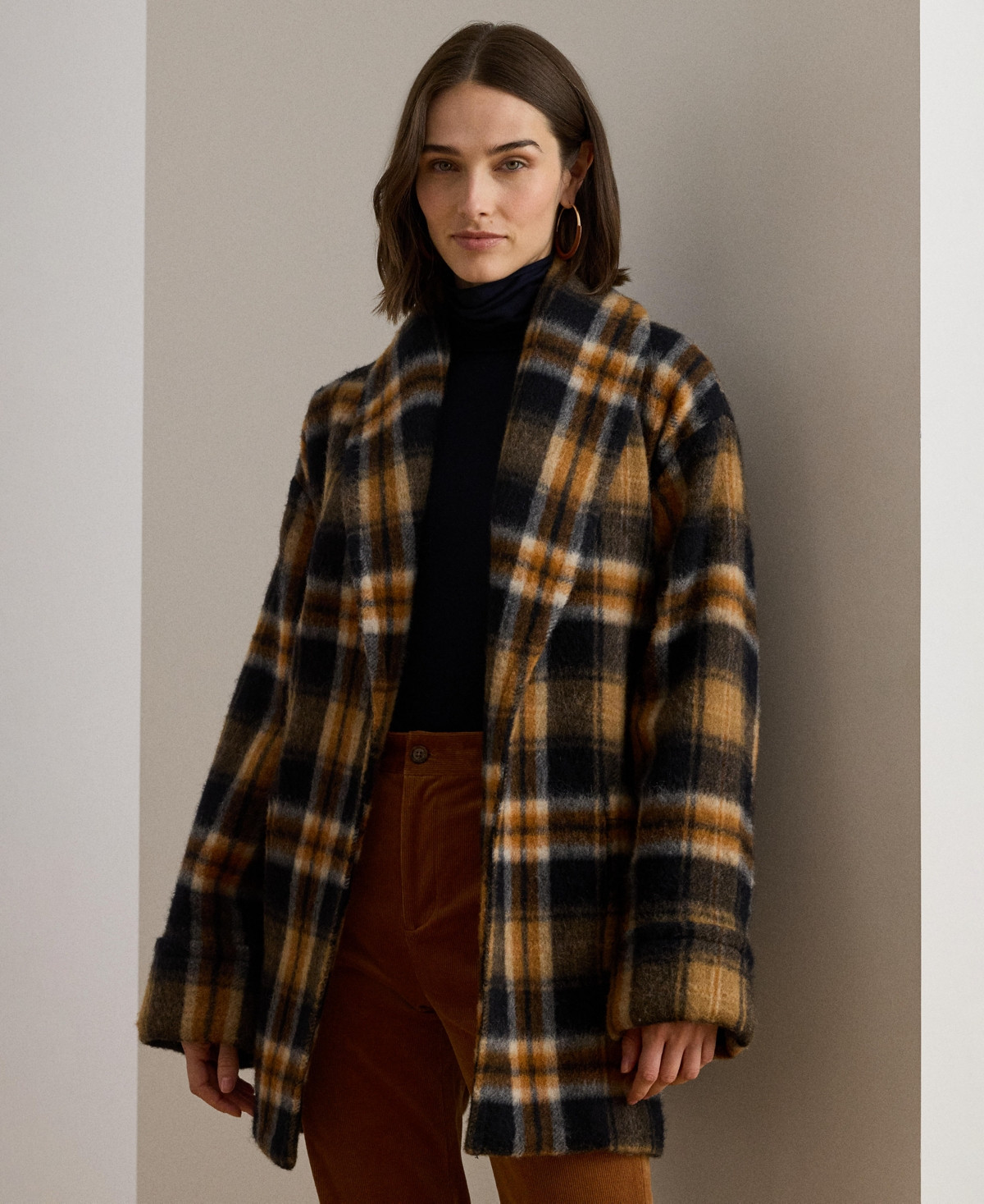 Lauren Ralph Lauren Women's Plaid Shawl Collar Wrap Jacket - Navy/Cinnamon Multi | Macy's