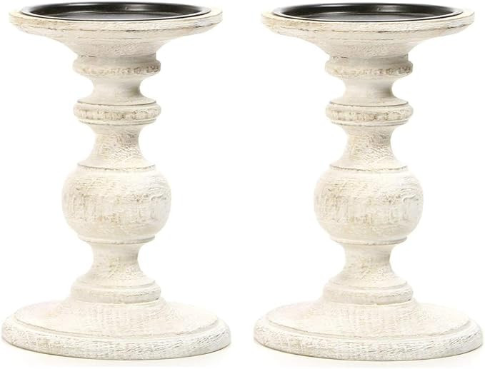 Hosley Set of 2 White Wooden Pillar Candle Holder Country Style 7 Inch High Ideal Gift for Weddin... | Amazon (US)