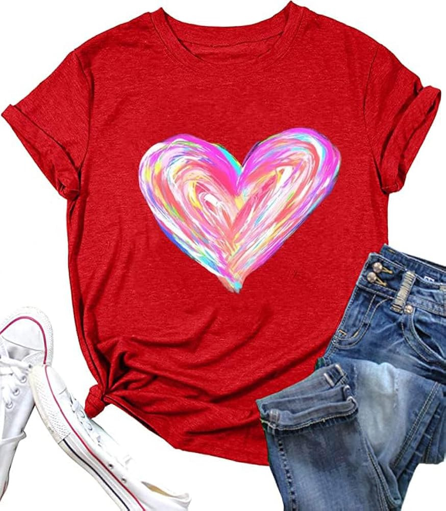 Women Love Heart Printed Shirts Valentine's Day Cute Casual Graphic T Shirts Spring Tops Trendy T... | Amazon (US)