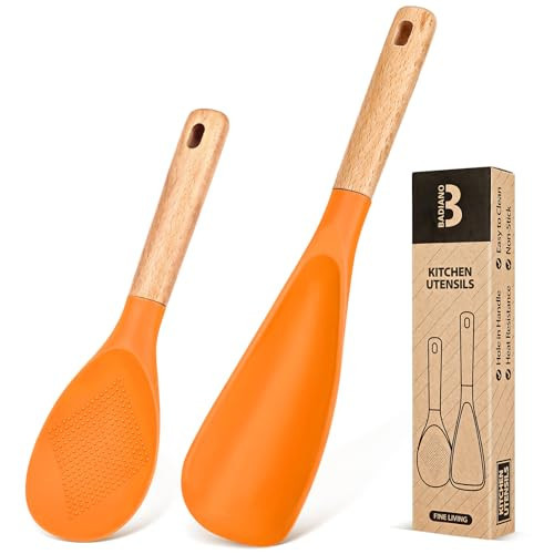 Cooking Spoon and Rice Scooper for Nonstick Cookwares, Great for Cooking and Serving Sturdy BPA-Free Matte Silicone, Wood Handle Spoon for Mixing, Scoop, and Scrape (ORANGE) | Amazon (US)