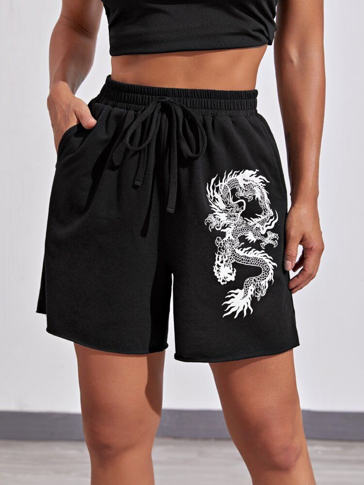 SHEIN Chinese Dragon Print Slant Pocket Track Shorts | SHEIN