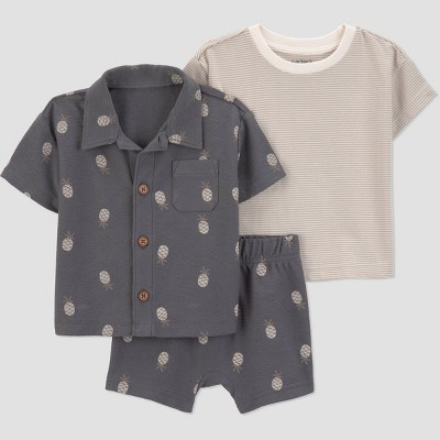 Carter's Just One You® Baby Boys' 3pc Pineapple Button-Down Shirt with T-Shirt and Shorts Set - Gray Newborn | Target