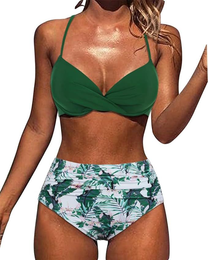 Hilor Women's Sexy Underwire Bikini Swimsuits Twist Front Swimwear High Waisted Two Piece Bathing... | Amazon (US)
