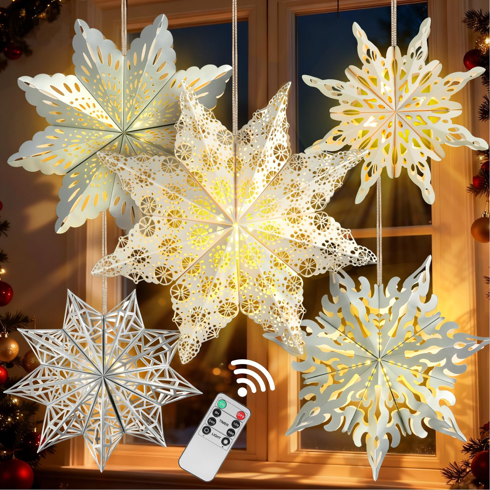 5 Pcs Christmas Paper Snowflake Lanterns, Large 3D Christmas Paper Star Lanterns with LED Lights,... | Amazon (US)