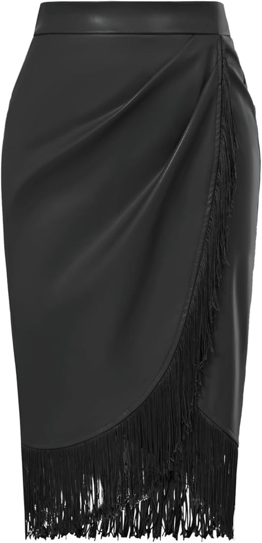 Belle Poque Women's Fringe Bodycon Leather Skirt with Slit Knee Length Pencil Skirt | Amazon (US)