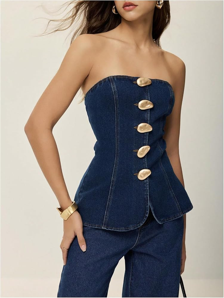 Milumia Women's Metal Button Front Denim Tube Top Elegant Sleeveless Bandeau Tops | Amazon (US)