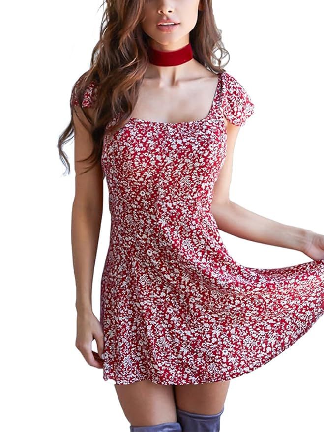 Simplee Apparel Women's Boho Floral Print Backless Short Beach Dress Sundress | Amazon (US)