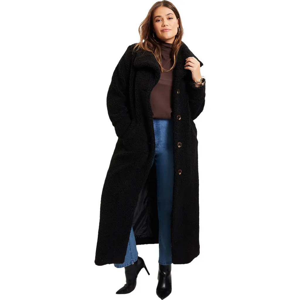 June + Vie Maxi Teddy Fleece Coat in Black at Nordstrom, Size 24 | Nordstrom