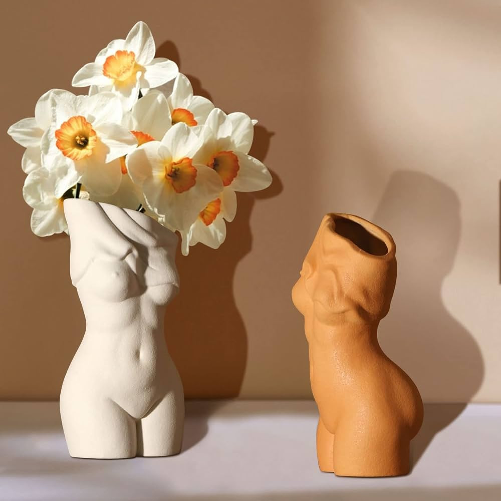 NUTRIUPS White and Orange vase, 2 Pack Female Body Curve Art Vase for Plants, Chic Modern Boho Sculpture for Decoration, Ceramic Statue Body Vases, 8.5" | Amazon (US)