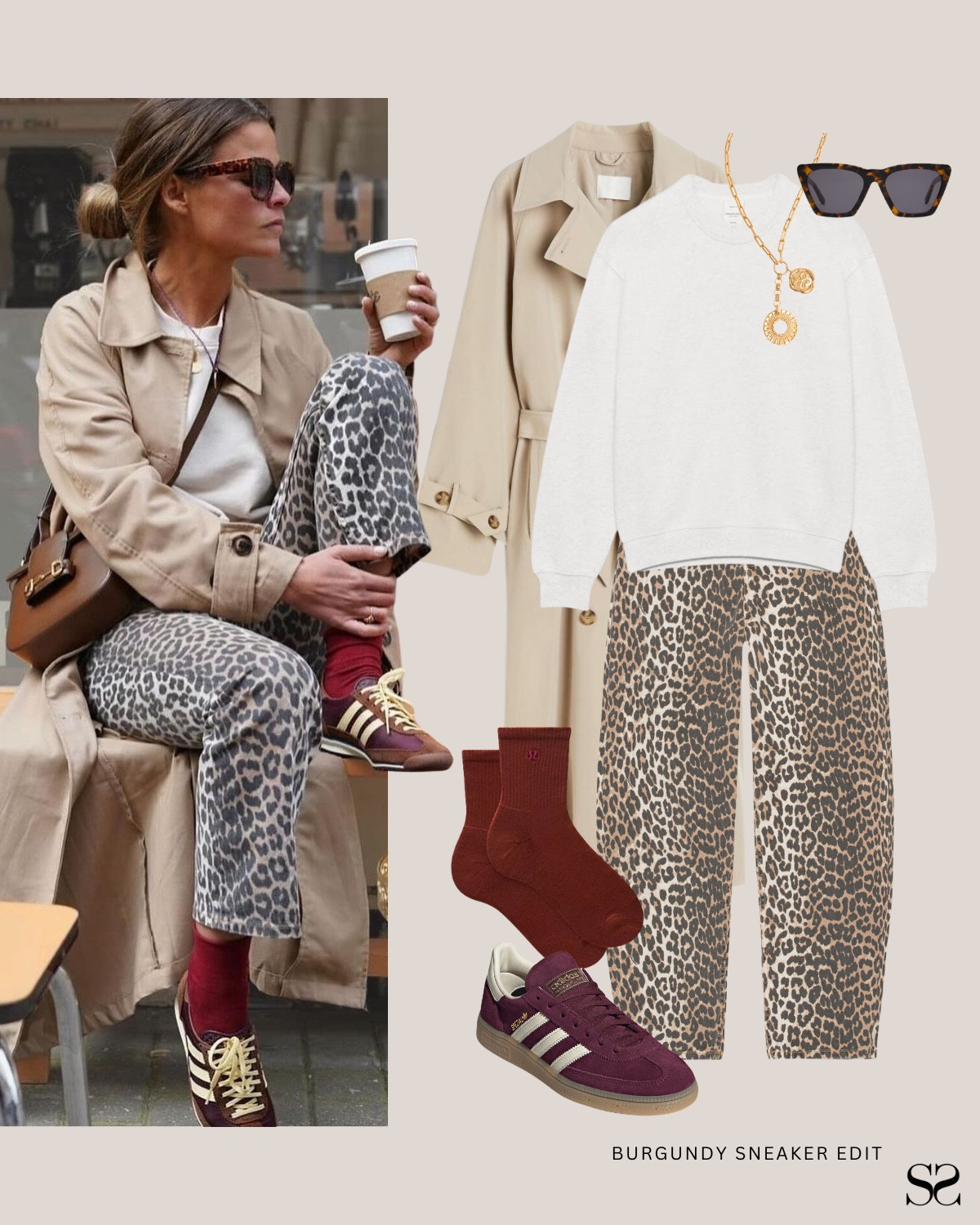 Ways to style burgundy sneakers: let the leopard do the heavy lifting. 

Leopard pants, white sweatshirt, trench coat, burgundy socks, Adidas sneakers.

#LTKootd #LTKgrwm