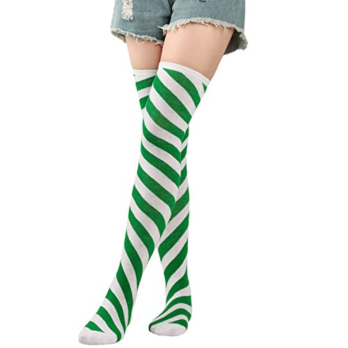 Benefeet Sox Candy Cane Socks Green and White Striped Thigh High Socks for Women Girls Over the Knee Sock Long Colorful Cotton Novelty Funny Sock Christmas Circus Stage Cosplay Costume | Amazon (US)