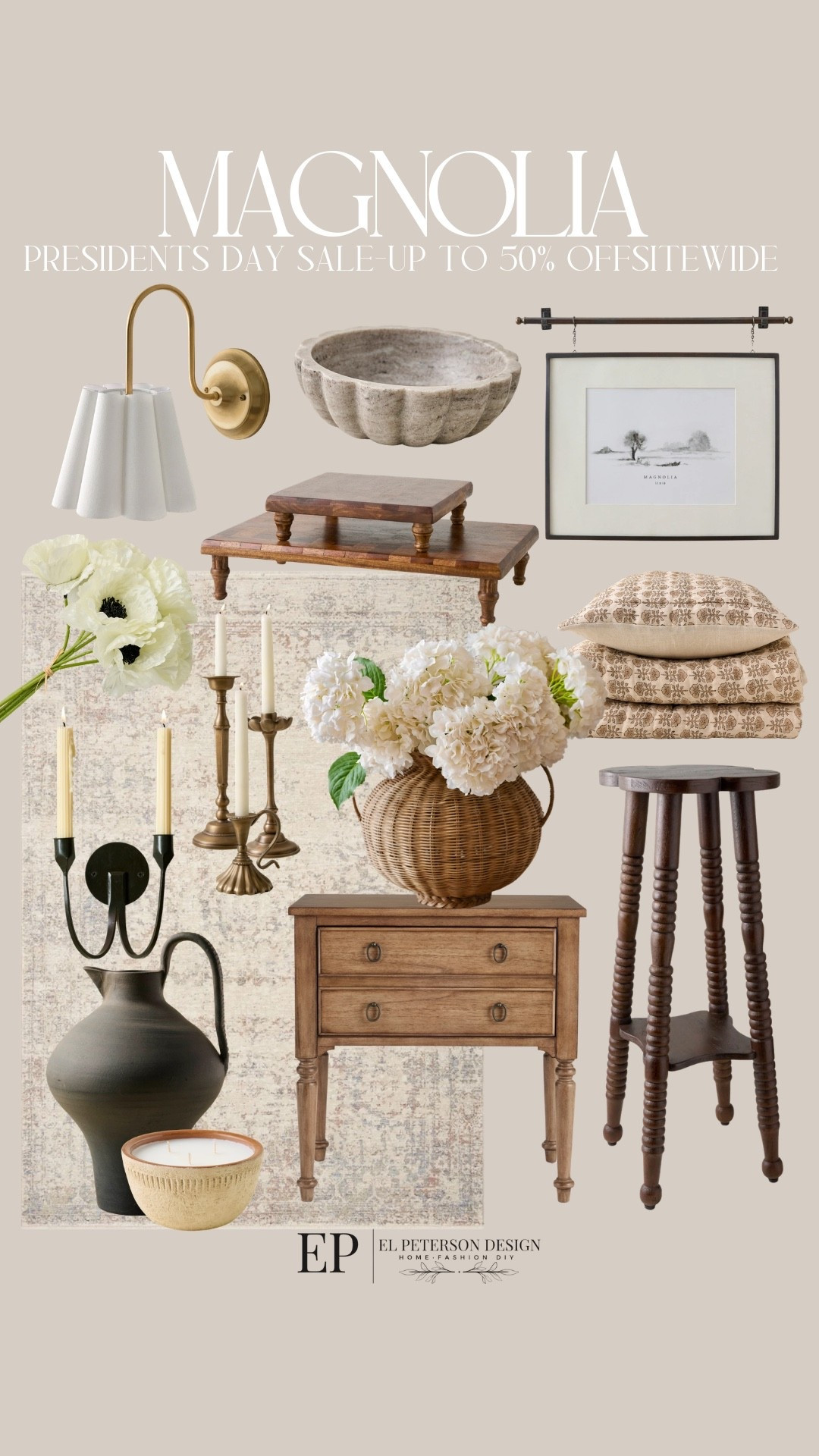Magnolia
Presidents Day Sale-up to 50% off sitewide 
Accent table 
Stool
Stems
Vase
Wall sconce
Quilt set
Bowl
Artwork 

#LTKSaleAlert #LTKHome