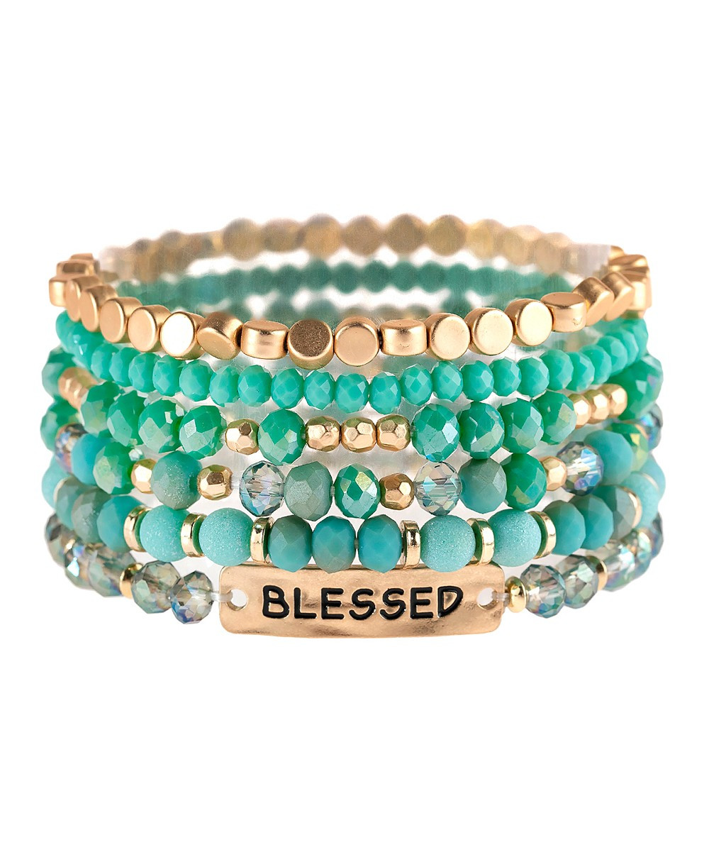 Riah Fashion Women's Bracelets TURQUIOSE - Green & Goldtone 'Blessed' Stretch Beaded Bracelet Set | Zulily