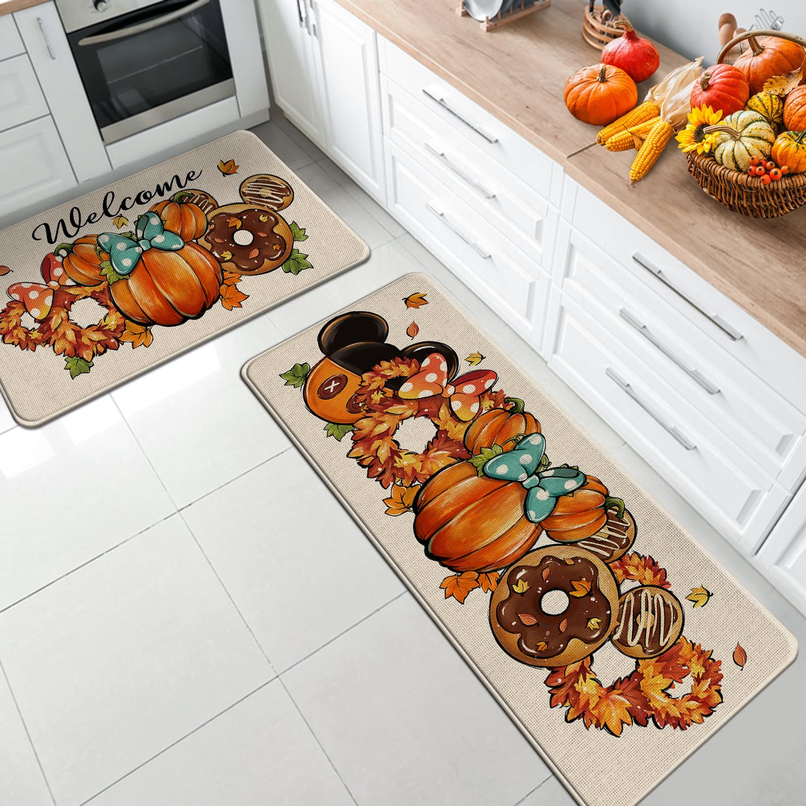 Welcome Fall Pumpkin Kitchen Rugs Set of 2, Autumn Maple Leaves Wreath Doughnut Kitchen Mats Deco... | Amazon (US)